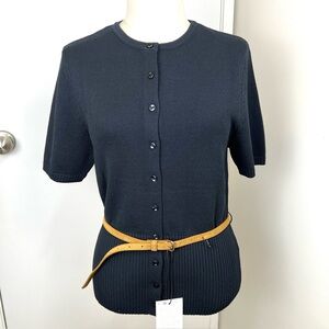 Zara Leather Belted Short Sleeve Button Up Sweater size L Midnight Blue Office